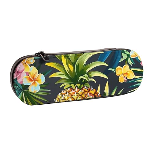 AQRJLPO Federmäppchen aus Leder mit tropischem Ananas-Motiv, multifunktional, Reise-Kosmetiktasche, Reißverschluss, Schreibtisch-Aufbewahrungsbox, kompaktes Geschenk für Schule, Büro, Reisen, Schwarz von AQRJLPO