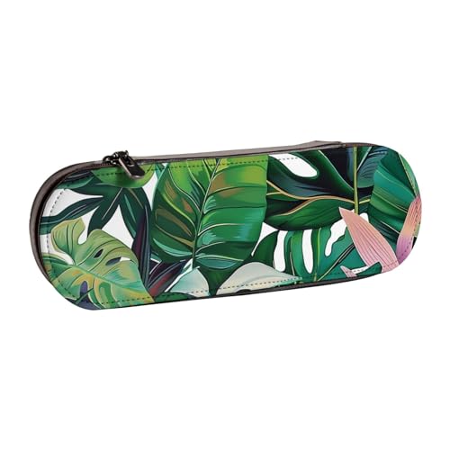 AQRJLPO Federmäppchen aus Leder mit tropischem Blättermuster, vielseitig verwendbar, Reise-Kosmetiktasche, Reißverschluss, Schreibtisch-Aufbewahrungsbox, kompaktes Geschenk für Schule, Büro, Reisen von AQRJLPO