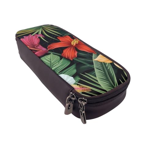AQRJLPO Federmäppchen aus Leder mit tropischem Blumendruck, Kosmetik-Organizer-Tasche mit Reißverschluss, wasserdicht, Schulbedarf, Reise-Make-up-Tasche, Schreibwaren-Geschenk für Studenten, Frauen von AQRJLPO