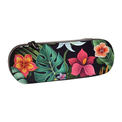 AQRJLPO Federmäppchen aus Leder mit tropischem Blumendruck, vielseitig verwendbar, Reise-Kosmetiktasche, Reißverschluss, Schreibtisch-Aufbewahrungsbox, kompaktes Geschenk für Schule, Büro, Reisen von AQRJLPO