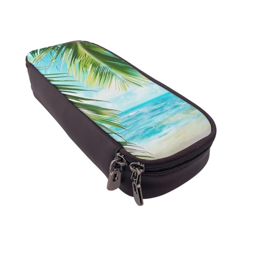 AQRJLPO Federmäppchen aus Leder mit tropischem Strandpflanzen-Motiv, Kosmetik-Organizer-Tasche mit Reißverschluss, wasserdicht, Schulbedarf, Reise-Make-up-Tasche, Schreibwaren-Geschenk für Studenten von AQRJLPO
