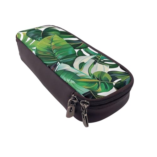 AQRJLPO Federmäppchen aus Leder mit tropischen Blättern und Kosmetik-Organizer-Tasche mit Reißverschluss, wasserdicht, Schulbedarf, Reise-Make-up-Tasche, Schreibwaren-Geschenk für Studenten, Frauen von AQRJLPO