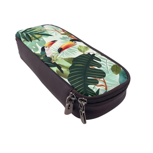 AQRJLPO Federmäppchen aus Leder mit tropischen Blättern und Vogel-Aufdruck, Kosmetik-Organizer-Tasche mit Reißverschluss, wasserdicht, Schulbedarf, Reise-Make-up-Tasche, Schreibwaren-Geschenk für von AQRJLPO