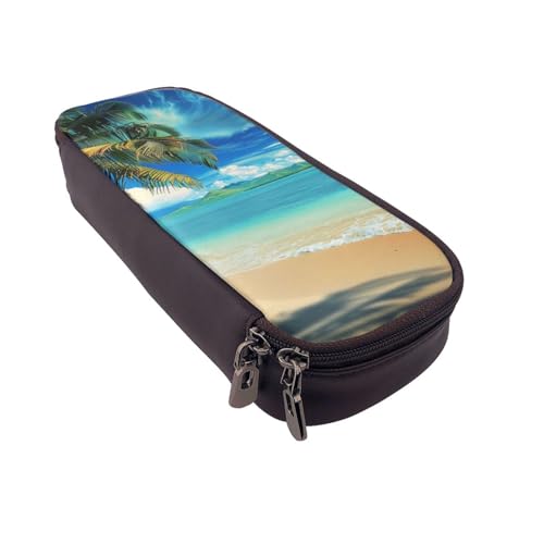 AQRJLPO Federmäppchen aus Leder mit tropischer Palme, Hawaii-Strand-Aufdruck, Kosmetik-Organizer-Tasche mit Reißverschluss, wasserdicht, Schulbedarf, Reise-Make-up-Tasche, Schreibwaren-Geschenk für von AQRJLPO