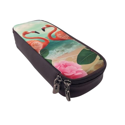 AQRJLPO Federmäppchen aus Leder mit zwei Flamingo-Aufdrucken und Kosmetik-Organizer-Tasche mit Reißverschluss – wasserdichte Schulbedarf, Reise-Make-up-Tasche, Schreibwaren-Geschenk für Studenten von AQRJLPO