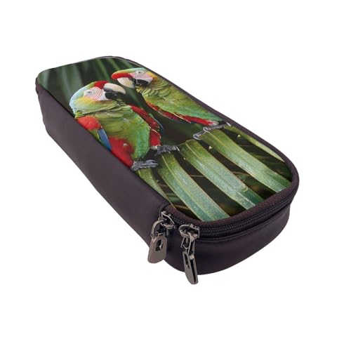 AQRJLPO Federmäppchen aus Leder mit zwei Papageien auf grüner Palme, Kosmetik-Organizer-Tasche mit Reißverschluss, wasserdicht, für Schulbedarf, Reise-Make-up-Tasche, Schreibwaren-Geschenk für von AQRJLPO