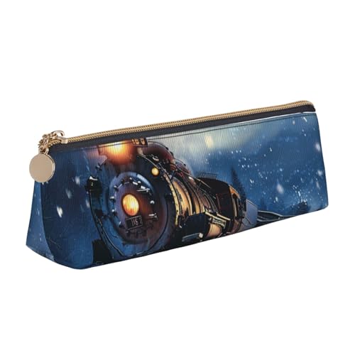 AQRJLPO Federmäppchen für den Winter, Weihnachten, Schnee, Nacht, Eisenbahn, Zug, bedrucktes Schreibwaren, niedliches Leder-Federmäppchen, Federmäppchen, Schulbedarf, Organizer, Make-up-Tasche für von AQRJLPO