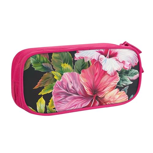 AQRJLPO Federmäppchen mit Hibiskusblumen-Aufdruck, für Jungen und Mädchen, großes Fassungsvermögen, Büro, Schule, Studenten, Schreibwaren-Tasche, Stifthalter mit 2 Fächern, Schwarz, rose von AQRJLPO
