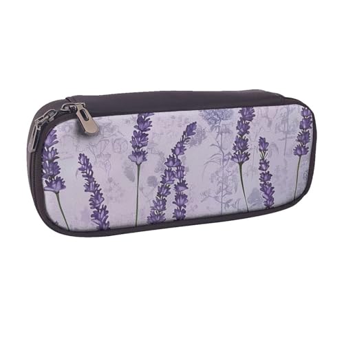 AQRJLPO Federmäppchen mit Lavendel-Stempeldruck, Leder, niedliches Federmäppchen, Federmäppchen, Reise-Make-up-Tasche, Schreibwaren-Geschenk für Studenten, Mädchen, Jungen, Frauen, Schwarz von AQRJLPO