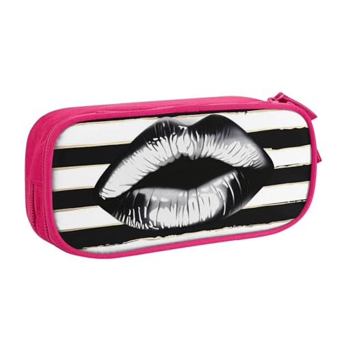 AQRJLPO Federmäppchen mit Lippen-Aufdruck in Schwarz und Weiß gestreift, für Jungen und Mädchen, großes Fassungsvermögen, Büro, Schule, Studenten, Schreibwaren-Tasche, Stifthalter mit 2 Fächern von AQRJLPO