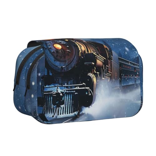 AQRJLPO Federmäppchen mit Lotusblumen-Aufdruck, doppellagig, Flip-Bleistifttasche, Stift-Organizer, Make-up-Tasche für Schule, Reisen und Arbeit, Winter Weihnachten Schnee Nacht Eisenbahn Zug von AQRJLPO