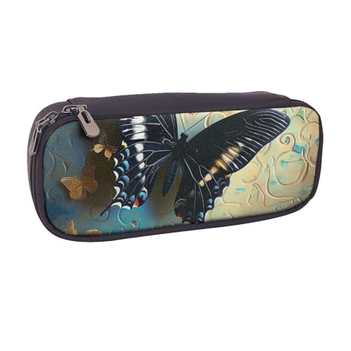 AQRJLPO Federmäppchen mit Schmetterlings-Aufdruck, Leder, niedliches Stifteetui, Reise-Make-up-Tasche, Schreibwaren-Geschenk für Studenten, Mädchen, Jungen, Frauen, Schwarz , Einheitsgröße von AQRJLPO