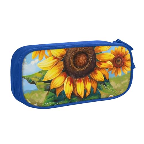 AQRJLPO Federmäppchen mit Sonnenblumen-Aufdruck, für Jungen und Mädchen, großes Fassungsvermögen, Büro, Schule, Studenten, Schreibwaren-Tasche, Stifthalter mit 2 Fächern, Schwarz, blau, Einheitsgröße von AQRJLPO