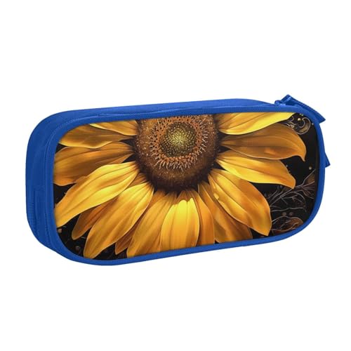 AQRJLPO Federmäppchen mit Sonnenblumen-Motiv, für Jungen und Mädchen, großes Fassungsvermögen, Büro, Schule, Studenten, Schreibwaren-Tasche, Stifthalter mit 2 Fächern, Schwarz, blau, Einheitsgröße von AQRJLPO