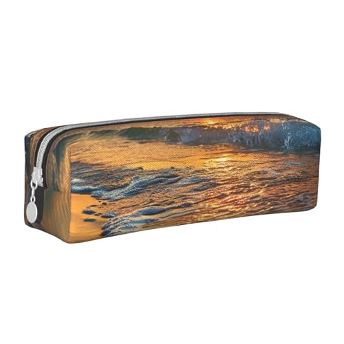 AQRJLPO Federmäppchen mit Strandwellen-Motiv und Sonnenuntergang, bedrucktes Leder, niedliches Federmäppchen, Stifteetui, Schule, Schreibwaren, Organizer, Make-up-Tasche für Jungen, Mädchen, Studenten von AQRJLPO
