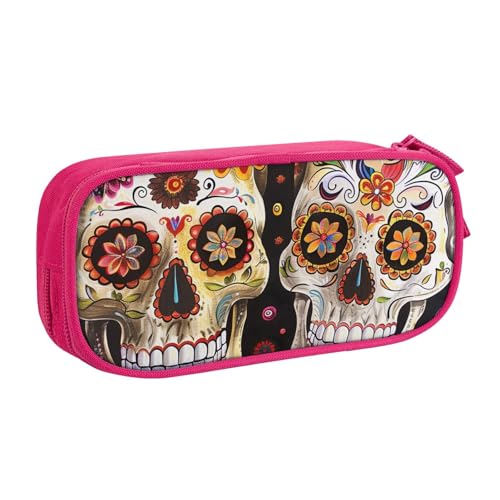AQRJLPO Federmäppchen mit Totenkopf-Aufdruck, für Jungen und Mädchen, großes Fassungsvermögen, Büro, Schule, Studenten, Schreibwaren-Tasche, Stifthalter mit 2 Fächern, Schwarz, rose, Einheitsgröße von AQRJLPO