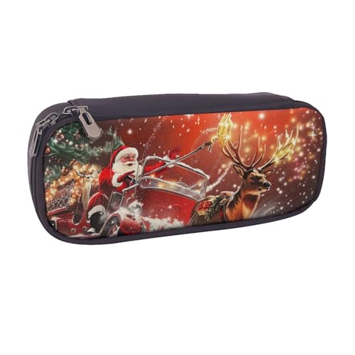 AQRJLPO Federmäppchen mit Weihnachtsmann-Aufdruck, Leder-Federmäppchen, niedliches Stifteetui, Reise-Make-up-Tasche, Schreibwaren-Geschenk für Studenten, Mädchen, Jungen, Frauen, Schwarz von AQRJLPO