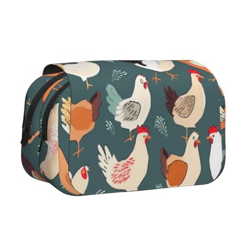 AQRJLPO Federmäppchen mit buntem Pfauen-Aufdruck, doppellagig, Flip-Bleistifttasche, Stift-Organizer, Make-up-Tasche für Schule, Reisen und Arbeit, Hühnermuster, Einheitsgröße, Schulranzen von AQRJLPO