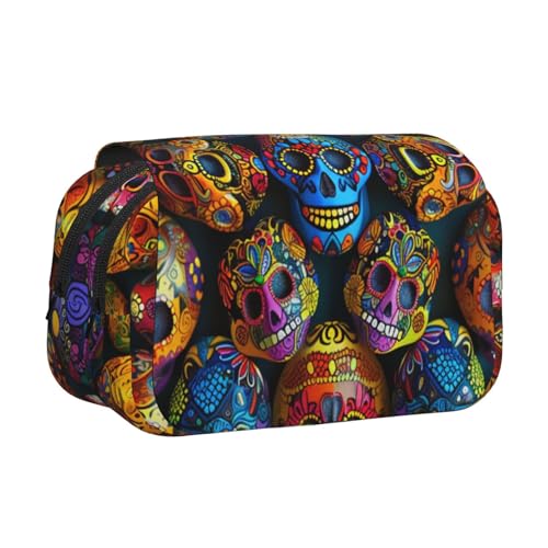 AQRJLPO Federmäppchen mit niedlichem Affen-Kunstdruck, doppellagig, Flip-Bleistifttasche, Stift-Organizer, Make-up-Tasche für Schule, Reisen und Arbeit, Bunte Sugar Skulls, Einheitsgröße, Schulranzen von AQRJLPO