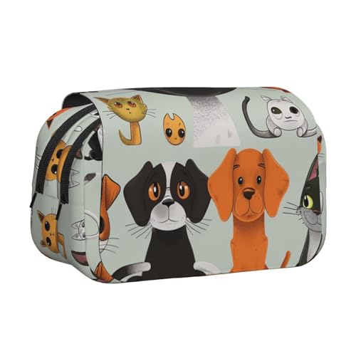 AQRJLPO Federmäppchen mit niedlichem Affen-Kunstdruck, doppellagig, Flip-Bleistifttasche, Stift-Organizer, Make-up-Tasche für Schule, Reisen und Arbeit, Cartoon Katze und Hund, Einheitsgröße von AQRJLPO