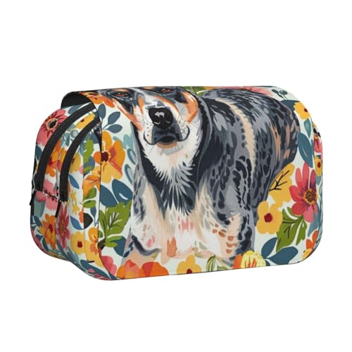 AQRJLPO Federmäppchen mit niedlichem Affen-Kunstdruck, doppellagig, Flip-Bleistifttasche, Stift-Organizer, Make-up-Tasche für Schule, Reisen und Arbeit, Rinderhund Blumen, Einheitsgröße, Schulranzen von AQRJLPO