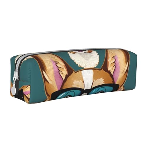 AQRJLPO Federmäppchen mit niedlichem Corgi-Brille und Schnurrbärten, bedrucktes Leder, einfaches Federmäppchen, Federmäppchen, Schulbedarf, Organizer, Make-up-Tasche für Jungen, Mädchen, Studenten von AQRJLPO