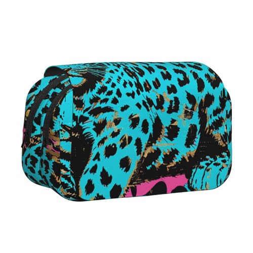 AQRJLPO Federmäppchen mit niedlichem Leopardenmuster, doppelschichtig, Flip-Bleistifttasche, Stift-Organizer, Make-up-Tasche für Schule, Reisen und Arbeit, Niedlicher türkiser Leoparden-Stil von AQRJLPO