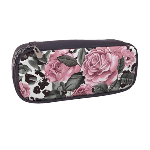 AQRJLPO Federmäppchen mit niedlichem Rosenmuster, Leopardenmuster, Leder-Federmäppchen, niedliches Stifteetui, Reise-Make-up-Tasche, Schreibwaren-Geschenk für Studenten, Mädchen, Jungen, Frauen von AQRJLPO