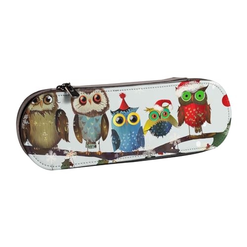AQRJLPO Federmäppchen mit niedlichem Weihnachts-Eulen auf Ast, Leder, vielseitig verwendbar, Reise-Kosmetiktasche, Reißverschluss, Schreibtisch-Aufbewahrungsbox, kompaktes Geschenk für Schule, Büro von AQRJLPO