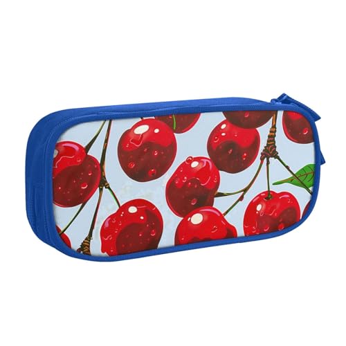 AQRJLPO Federmäppchen mit rotem Kirschen-Aufdruck, für Jungen und Mädchen, großes Fassungsvermögen, Büro, Schule, Studenten, Schreibwaren-Tasche, Stifthalter mit 2 Fächern, Schwarz, blau von AQRJLPO