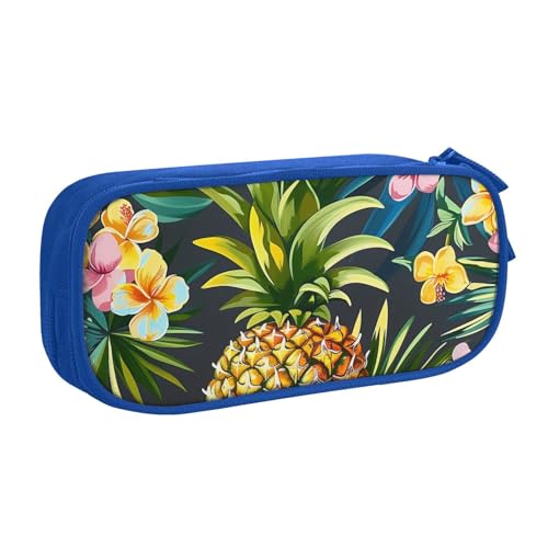 AQRJLPO Federmäppchen mit tropischem Ananas-Motiv für Jungen und Mädchen, großes Fassungsvermögen, Büro, Schule, Studenten, Schreibwaren-Tasche, Stifthalter mit 2 Fächern, Schwarz, blau, Einheitsgröße von AQRJLPO