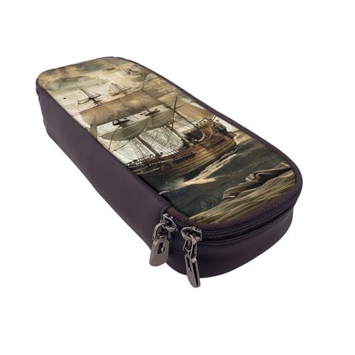 AQRJLPO Federmäppchen und Kosmetiktasche mit Piraten-Motiv, Leder, mit Reißverschluss, wasserdicht, Schulbedarf, Reise-Make-up-Tasche, Schreibwaren-Geschenk für Studenten, Frauen, Schwarz von AQRJLPO