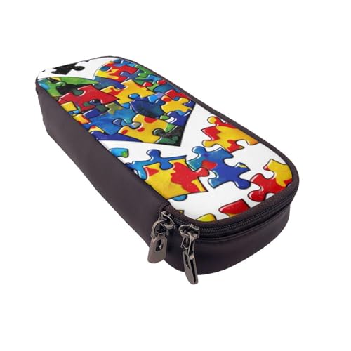 AQRJLPO Federmäppchen und Kosmetiktasche mit Reißverschluss, Motiv: Autismus-Bewusstsein, Puzzleteile, Herzmuster, Leder, wasserdicht, Schulbedarf, Reise-Make-up-Tasche, Schreibwaren-Geschenk für von AQRJLPO