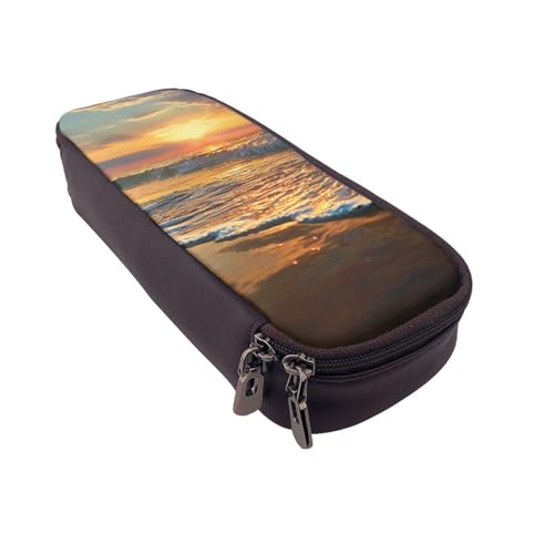 AQRJLPO Federmäppchen und Kosmetiktasche mit Strandwellen-Motiv und Sonnenuntergang-Aufdruck, aus Leder mit Reißverschluss, wasserdicht, für Schulbedarf, Reise-Make-up-Tasche, Schreibwaren-Geschenk von AQRJLPO