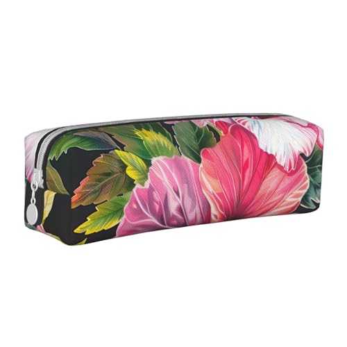 AQRJLPO Hibiskusblumen-Druck, bedrucktes Leder, einfaches Federmäppchen, niedliches Federmäppchen, Stifteetui, Schule, Schreibwaren, Organizer, Make-up-Tasche für Jungen, Mädchen, Studenten, weiß von AQRJLPO