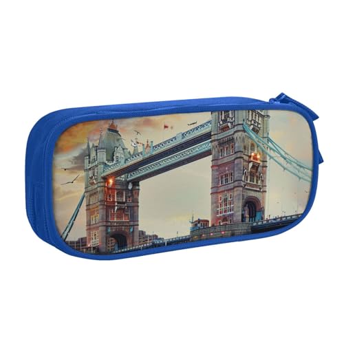 AQRJLPO Historic Old Tower Bridge London Prints Federmäppchen für Jungen und Mädchen, großes Fassungsvermögen, Büro, Schule, Studenten, Schreibwaren-Tasche, Stifthalter mit 2 Fächern, Schwarz, blau von AQRJLPO