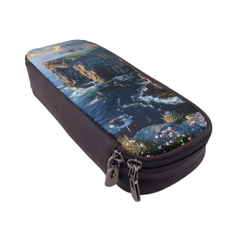 AQRJLPO Ireland Outdoors County Clare The Cliffs Prints Leder-Federmäppchen & Kosmetik-Organizer-Tasche mit Reißverschluss, wasserdicht, Schulbedarf, Reise-Make-up-Tasche, Schreibwaren-Geschenk für von AQRJLPO