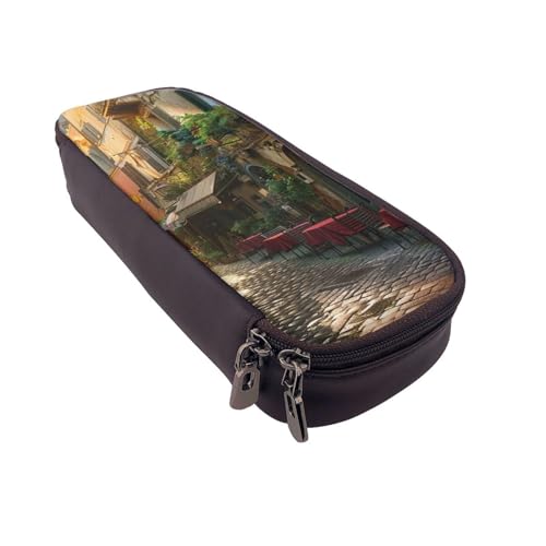 AQRJLPO Italienisches Federmäppchen aus Leder mit altem Straßendruck, Kosmetik-Organizer-Tasche mit Reißverschluss, wasserdicht, Schulbedarf, Reise-Make-up-Tasche, Schreibwaren-Geschenk für Studenten von AQRJLPO
