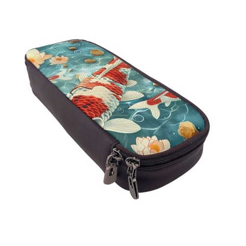 AQRJLPO Japanisches Federmäppchen aus Leder mit hübschem Koi-Fisch-Aufdruck, Kosmetik-Organizer-Tasche mit Reißverschluss, wasserdicht, Schulbedarf, Reise-Make-up-Tasche, Schreibwaren-Geschenk für von AQRJLPO