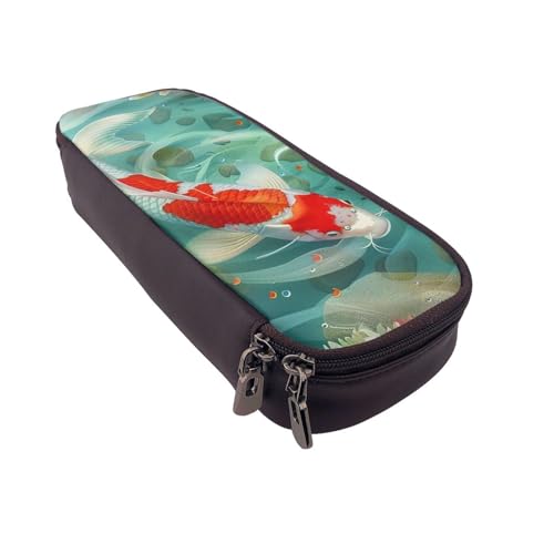 AQRJLPO Japanisches Federmäppchen aus Leder mit hübschem Koi-Fisch-Aufdruck, Kosmetik-Organizer-Tasche mit Reißverschluss, wasserdicht, Schulbedarf, Reise-Make-up-Tasche, Schreibwaren-Geschenk für von AQRJLPO
