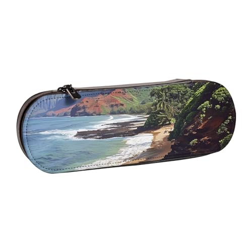 AQRJLPO Kauai Federmäppchen aus Leder mit Hawaii-Motiv und Meeresküstenmotiv, vielseitig verwendbar, Reise-Kosmetiktasche, Reißverschluss, Schreibtisch-Aufbewahrungsbox, kompaktes Geschenk für Schule von AQRJLPO