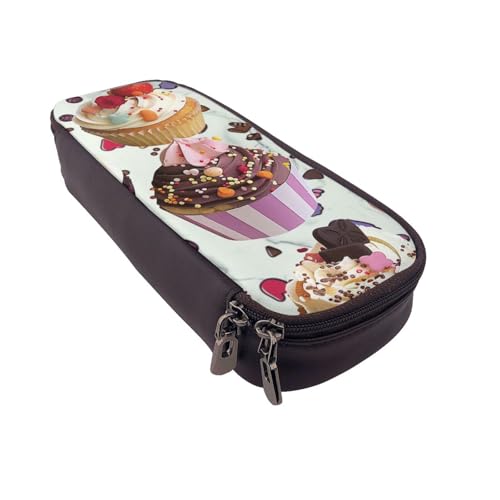 AQRJLPO Köstliches Federmäppchen aus Leder mit Cupcake-Aufdruck, Kosmetik-Organizer-Tasche mit Reißverschluss, wasserdicht, Schulbedarf, Reise-Make-up-Tasche, Schreibwaren-Geschenk für Studenten von AQRJLPO