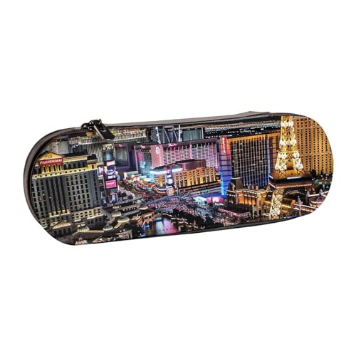 AQRJLPO Las Vegas Federmäppchen aus Leder mit Nachtansicht bedruckt, vielseitig verwendbar, Reise-Kosmetiktasche, Reißverschluss, Schreibtisch-Aufbewahrungsbox, kompaktes Geschenk für Schule, Büro von AQRJLPO
