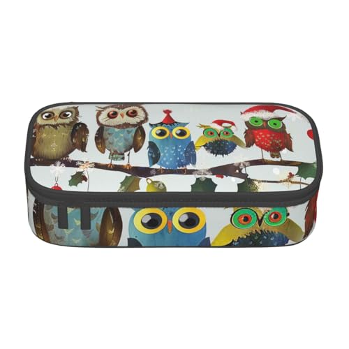 AQRJLPO Niedliche Weihnachts-Eulen auf Ast Druck-Federmäppchen, niedliches Federmäppchen, großes Fassungsvermögen, Federmäppchen, Reise-Make-up-Tasche für Studenten, Mädchen, Jungen, Frauen, Schwarz von AQRJLPO