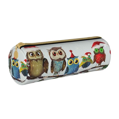 AQRJLPO Niedliche Weihnachts-Eulen auf Ast bedrucktes rundes Federmäppchen, niedliches Leder-Federmäppchen, Federmäppchen, Schulbedarf-Organizer, Make-up-Tasche für Jungen, Mädchen, Studenten, weiß von AQRJLPO