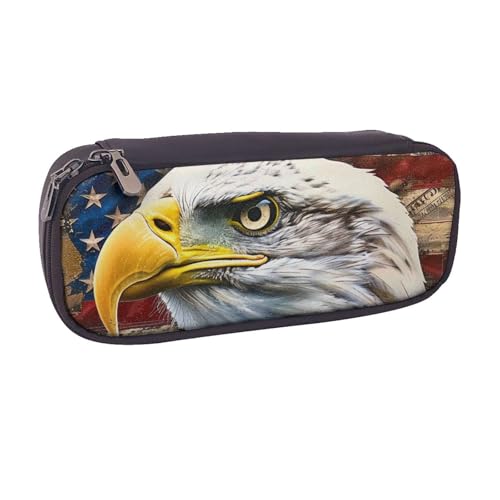 AQRJLPO Patriotischer Weißkopfseeadler mit amerikanischer Flagge, Leder-Federmäppchen, niedliches Stifteetui, Reise-Make-up-Tasche, Schreibwaren-Geschenk für Studenten, Mädchen, Jungen, Frauen von AQRJLPO