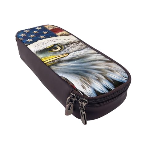 AQRJLPO Patriotischer Weißkopfseeadler mit amerikanischer Flagge, Leder-Federmäppchen und Kosmetik-Organizer-Tasche mit Reißverschluss, wasserdicht, Schulbedarf, Reise-Make-up-Tasche von AQRJLPO