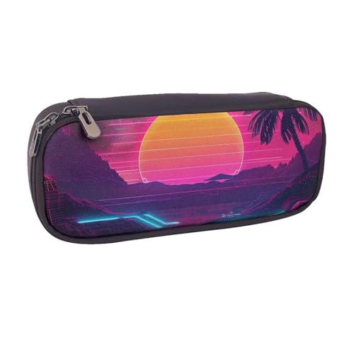 AQRJLPO Retrowave Federmäppchen mit Bilderdrucken, Leder-Federmäppchen, niedliches Stifteetui, Reise-Make-up-Tasche, Schreibwaren-Geschenk für Studenten, Mädchen, Jungen, Frauen, Schwarz von AQRJLPO