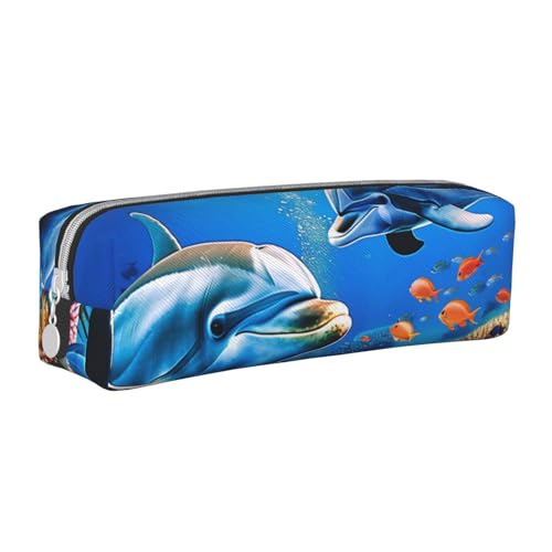 AQRJLPO Schöne Unterwasserwelt Delfine Koralle bedrucktes Leder einfaches Federmäppchen Niedliches Federmäppchen Stifteetui Schule Schreibwaren Organizer Make-up Tasche für Jungen Mädchen Studenten von AQRJLPO
