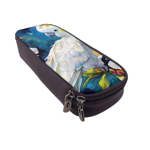 AQRJLPO Schönes Federmäppchen aus Leder mit Kakadu-Vogel-Blumendruck, Kosmetik-Organizer-Tasche mit Reißverschluss, wasserdicht, für Schulbedarf, Reise-Make-up-Tasche, Schreibwaren-Geschenk für von AQRJLPO